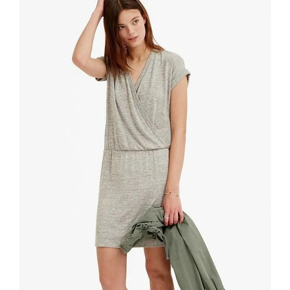 Lou & Grey Dress Small Gray Short Sleeve Blouson Faux Wrap Surplice Casual